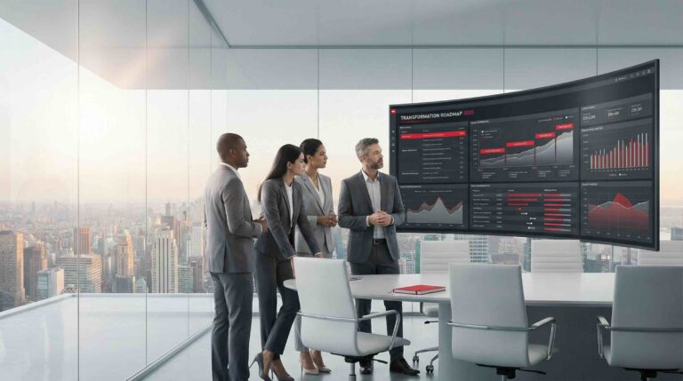 Business team reviewing AI strategy dashboard and performance metrics on large screen in a modern office