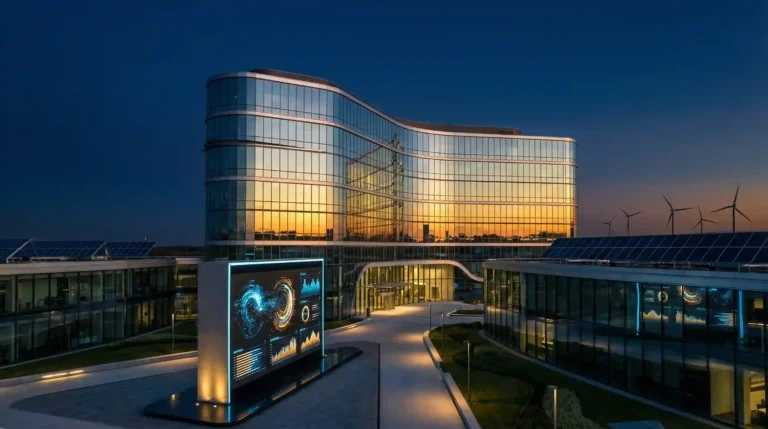 Modern energy facility with solar panels and wind turbines illustrating AI-powered documentation and digital transformation in the energy sector