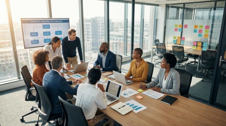 Business team in a strategy meeting discussing AI implementation and digital transformation in a modern office