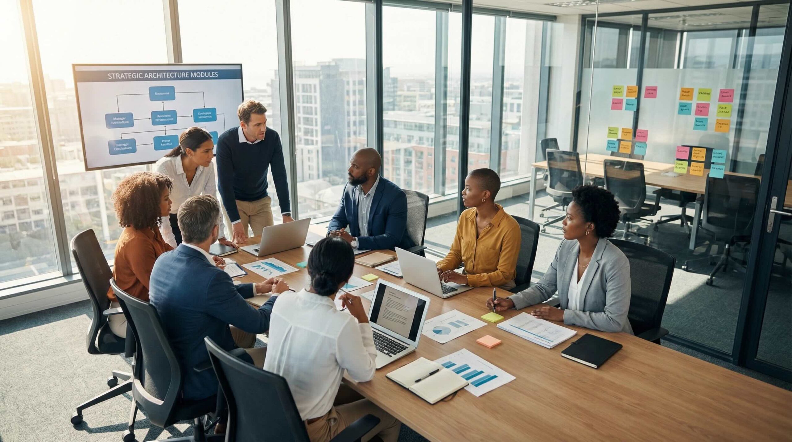 Business team in a strategy meeting discussing AI implementation and digital transformation in a modern office