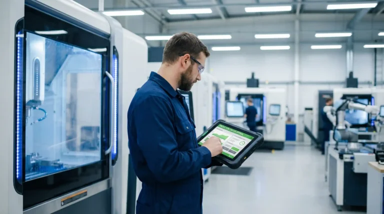 AI copilot manufacturing assisting operator with real-time guidance and production system interface on tablet