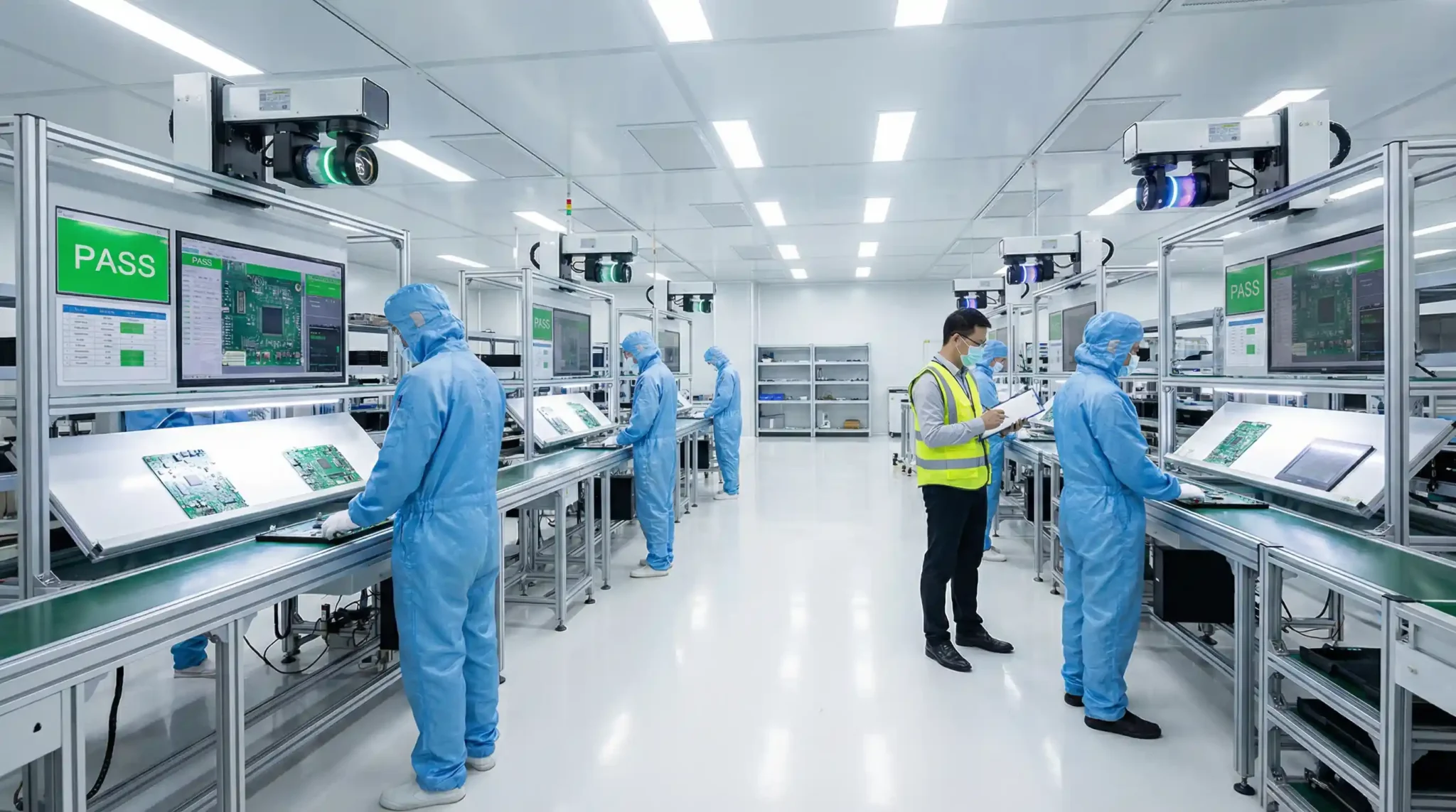 AI in manufacturing quality control on electronics assembly line with automated inspection systems and real-time defect detection