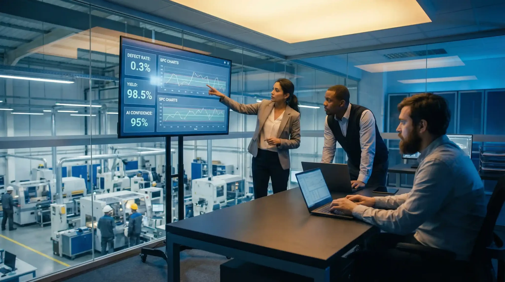 AI in manufacturing quality control dashboard showing real-time defect rate, yield metrics, and production analytics