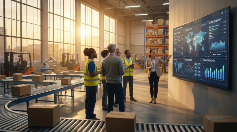 AI warehouse management dashboard optimizing inventory and demand forecasting in supply chain operations