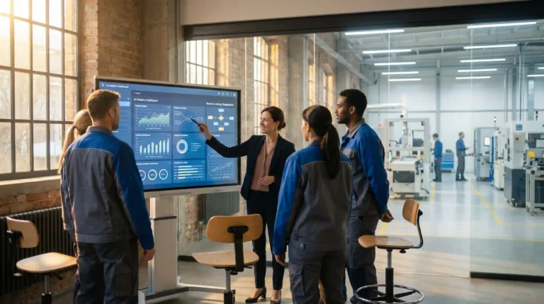 AI workforce upskilling manufacturing training session using digital dashboard analytics
