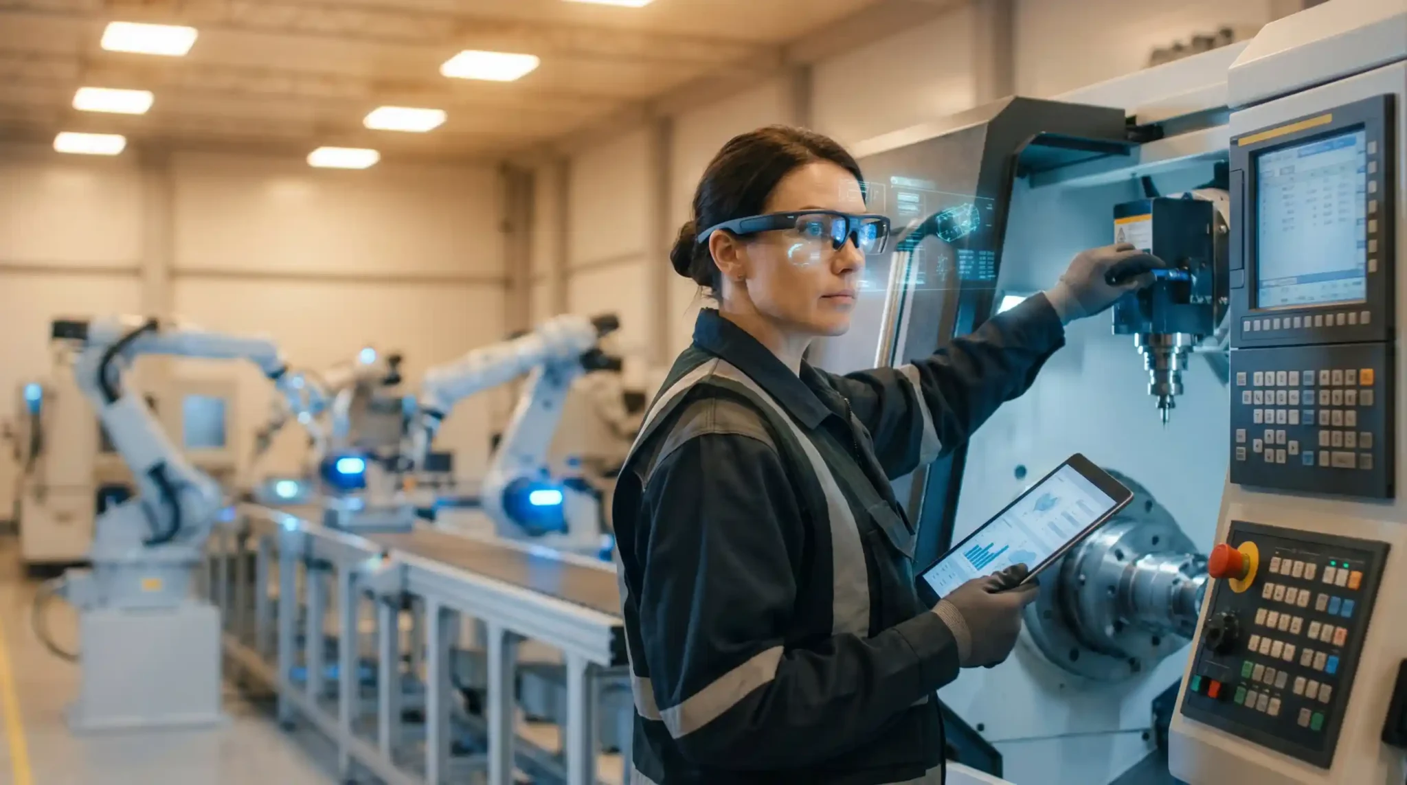 A manufacturing engineer uses augmented reality glasses to interact with digital twin manufacturing data overlaid on physical equipment.