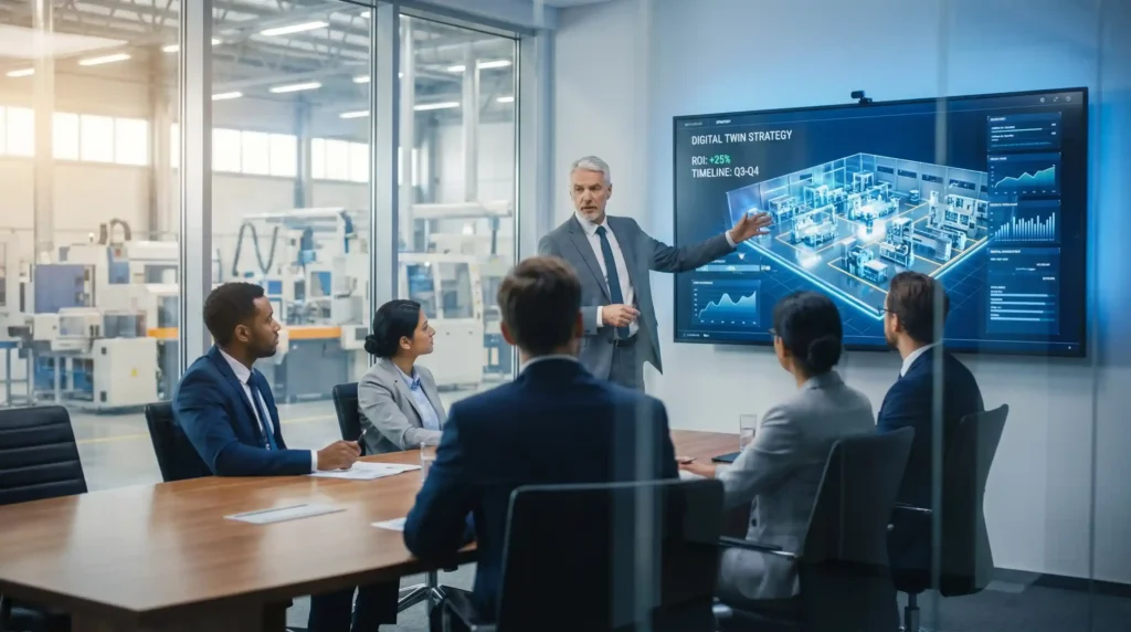 Digital twin manufacturing strategy presentation with executives reviewing ROI, roadmap, and smart factory simulation dashboard