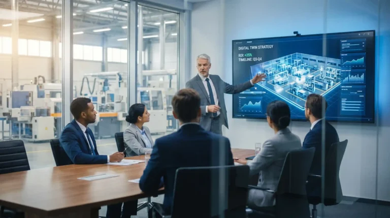 Digital twin manufacturing strategy presentation with executives reviewing ROI, roadmap, and smart factory simulation dashboard