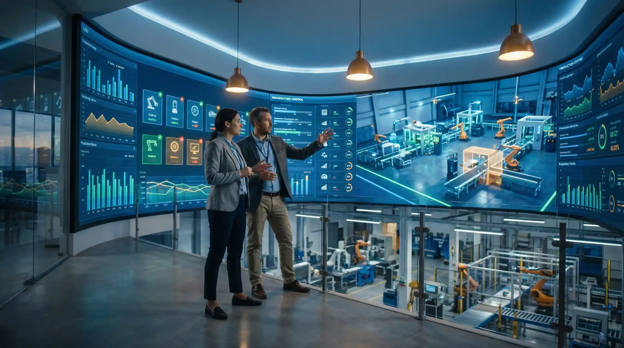 Digital twin manufacturing control room with real-time simulation dashboard and smart factory monitoring systems