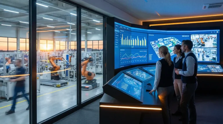 Digital transformation manufacturing smart factory with real-time analytics dashboard and industrial automation robots