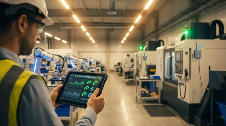 Digital transformation manufacturing with IoT-enabled production lines and real-time data monitoring dashboard