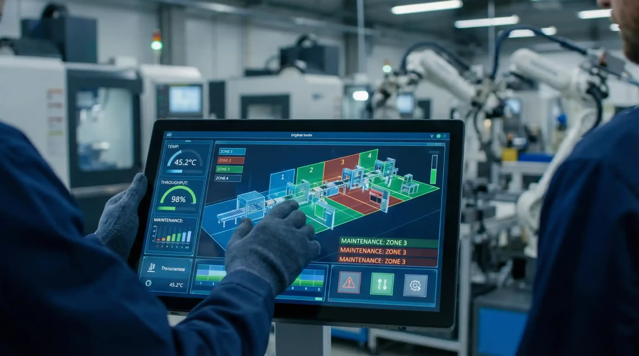 Digital twin manufacturing simulation interface showing real-time production zone monitoring and predictive maintenance alerts.