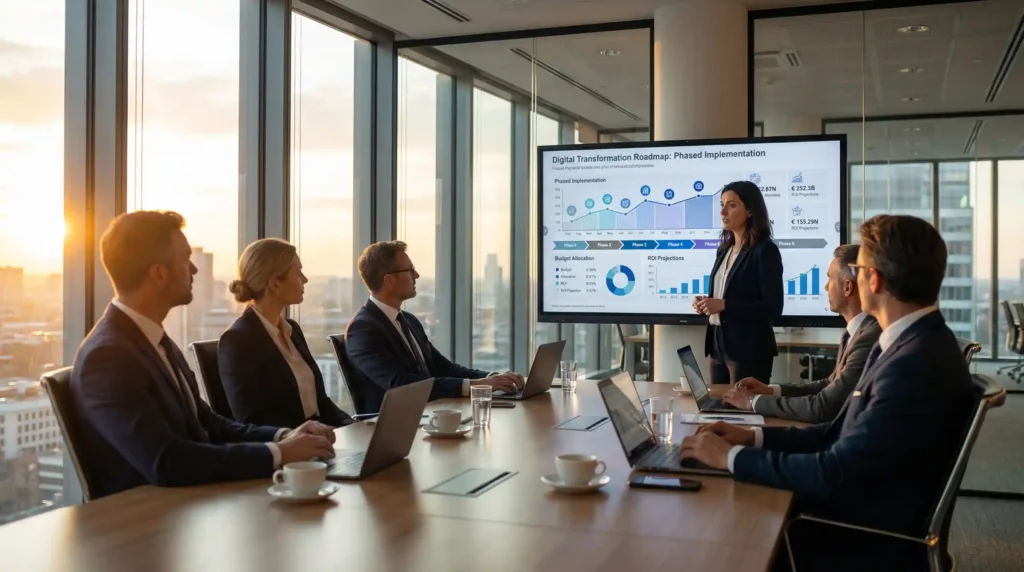 Digital transformation manufacturing strategy meeting with executives reviewing roadmap and performance analytics