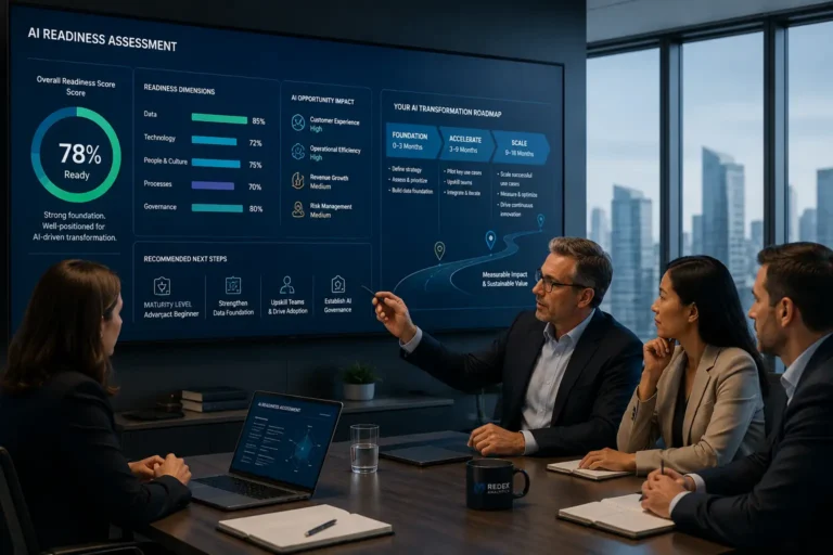 Executive team reviewing AI readiness assessment results and digital transformation roadmap