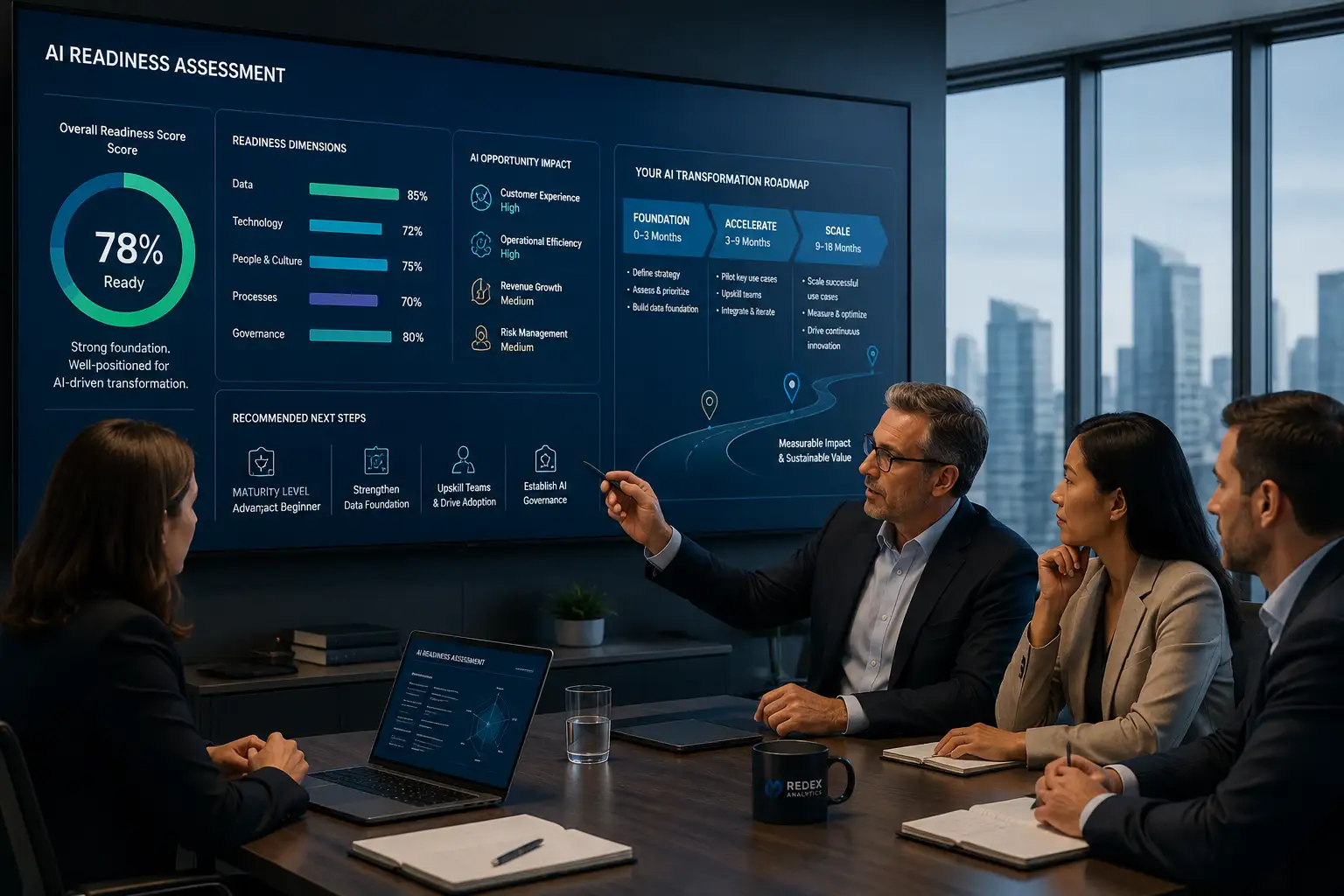 Executive team reviewing AI readiness assessment results and digital transformation roadmap